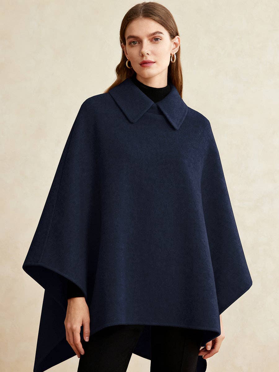 Suhkasana - Women's Collared Wool Blend Cape Sleeveless Winter Poncho: Black / S