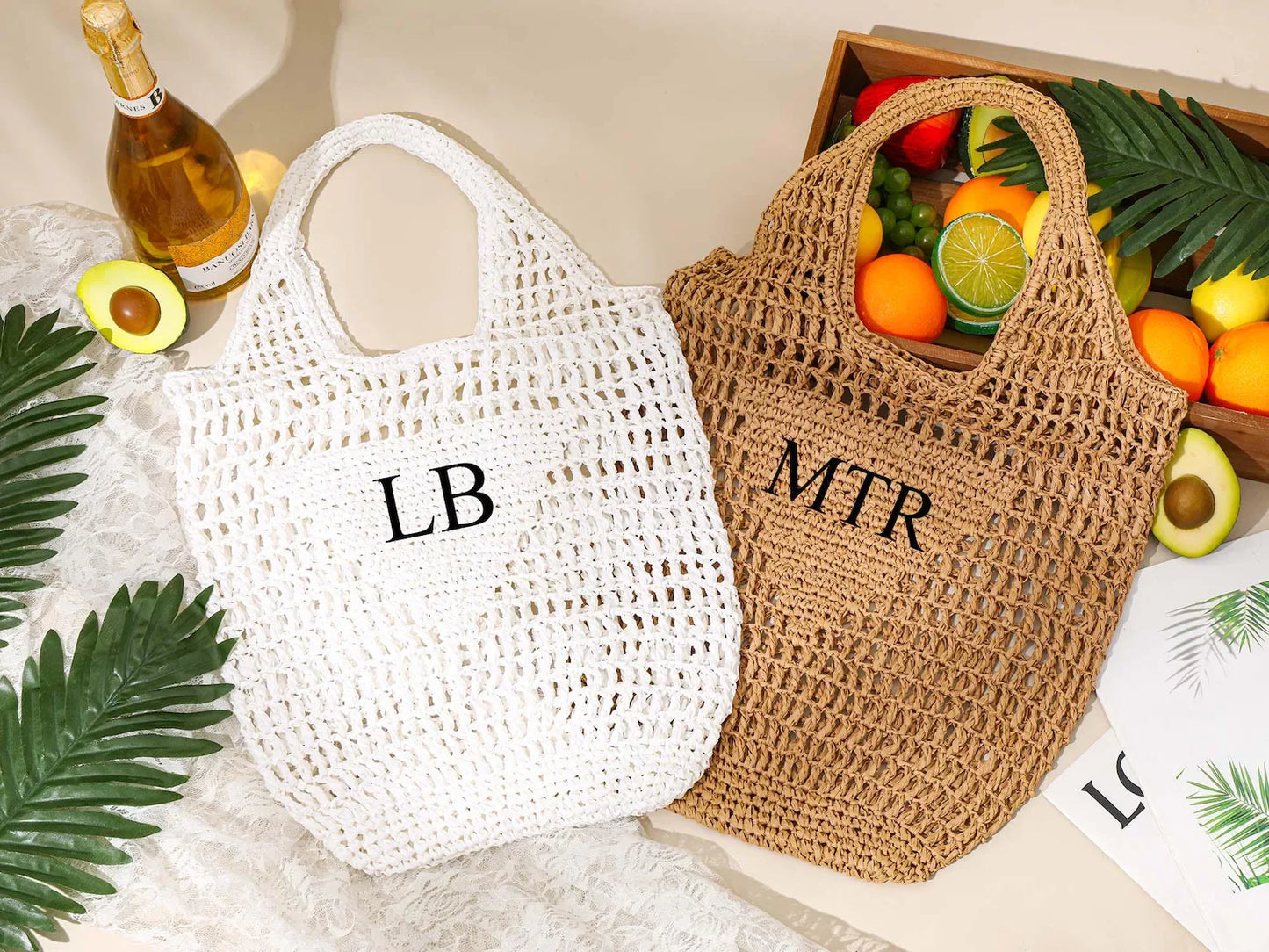 Personalized Beach Tote Bags Custom Bridesmaid Raffia Bag With Name,Monogram Initials Handle Straw Bag Bridesmaid Wedding Gifts