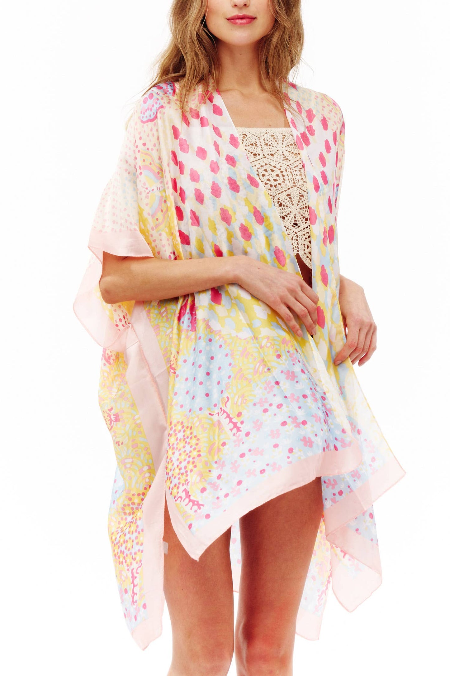 SP Sophia Collection - Abstract Multi Print Translucent Cover-Up Kimono: Pink Cream