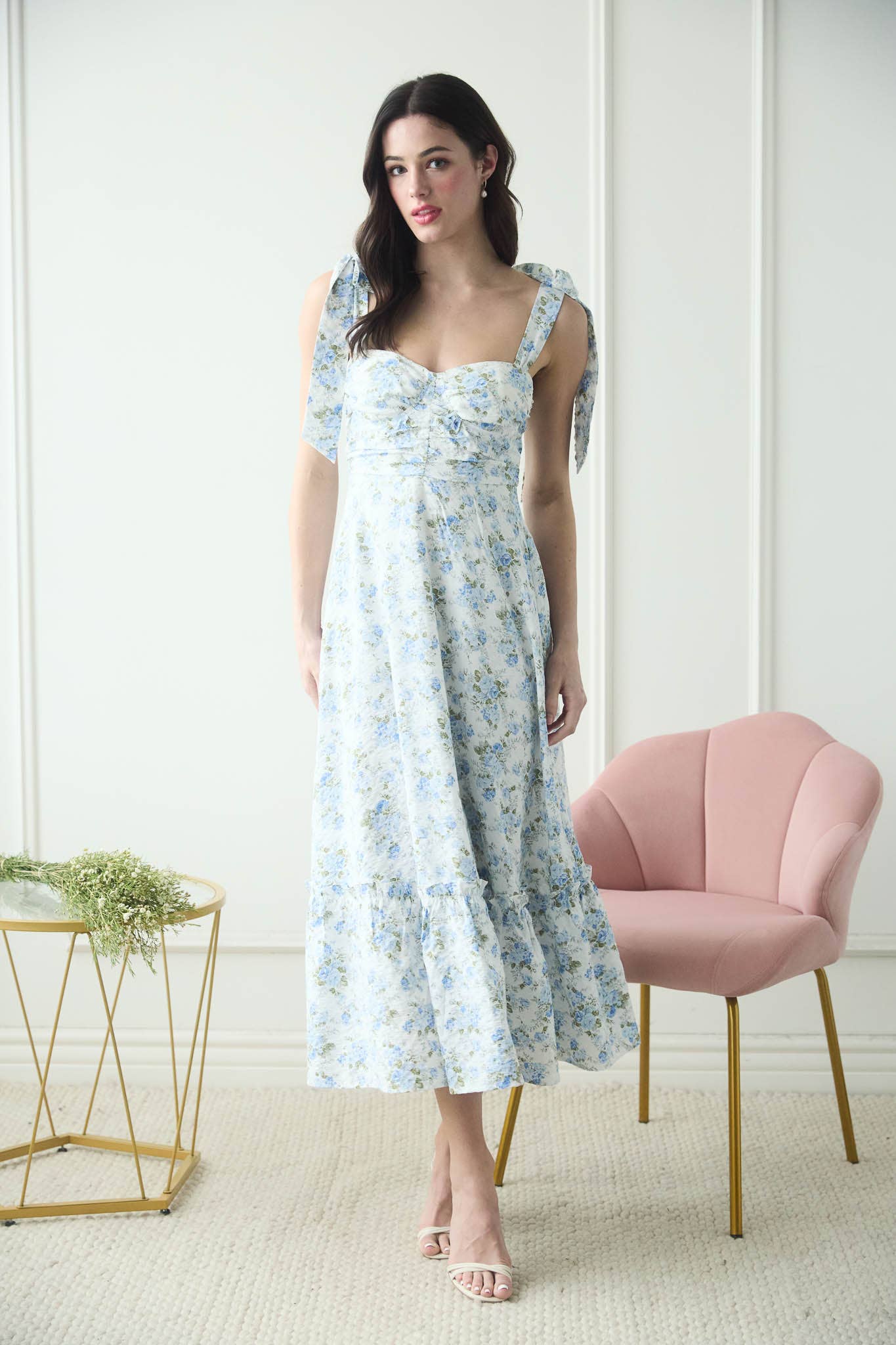 Blu Pepper - FLORAL TIE STRAP RUCHED DETAIL MAXI DRESS: PINK MULTI