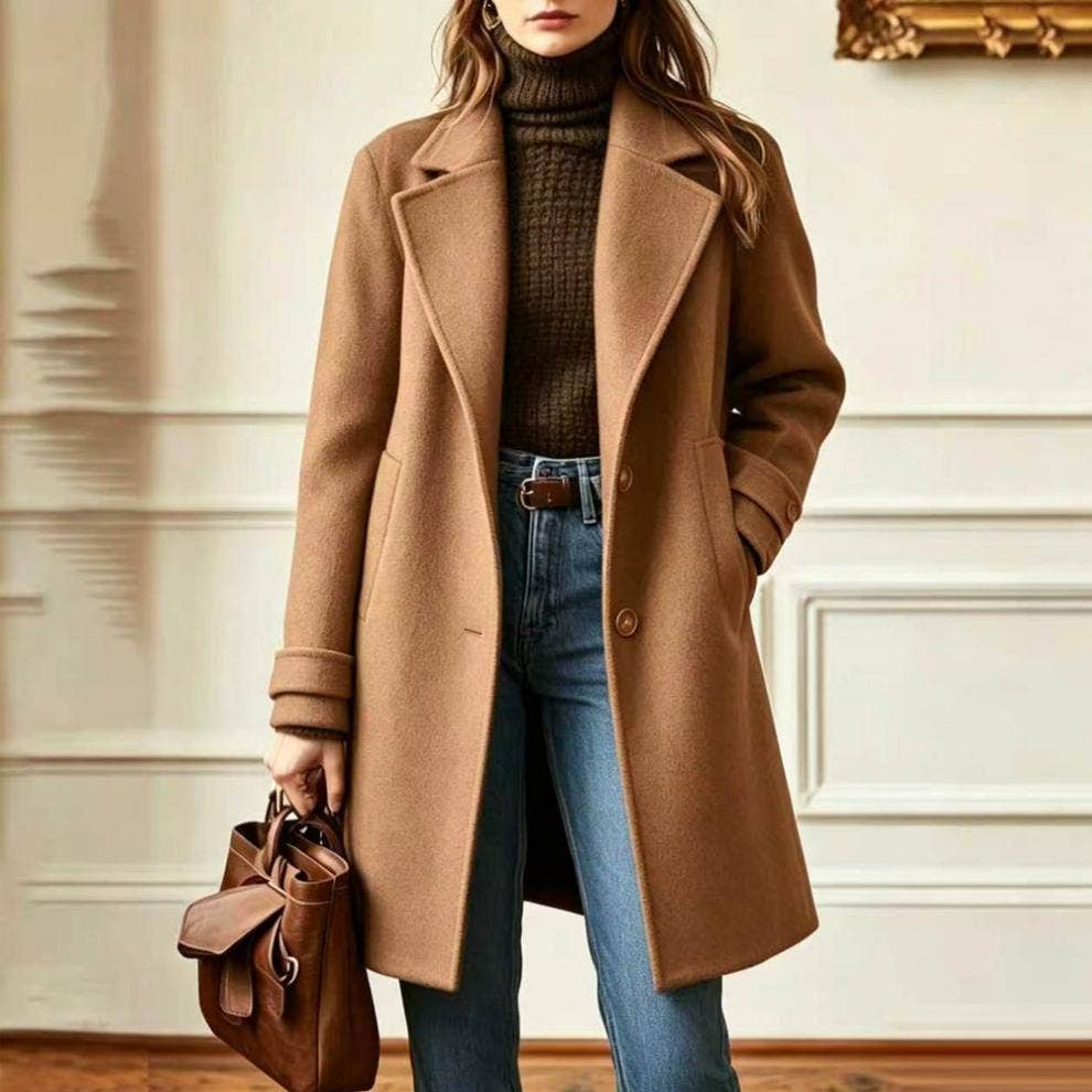 Suhkasana - Women's Vintage Lapel Single Breasted Mid Long Coat: Camel / S