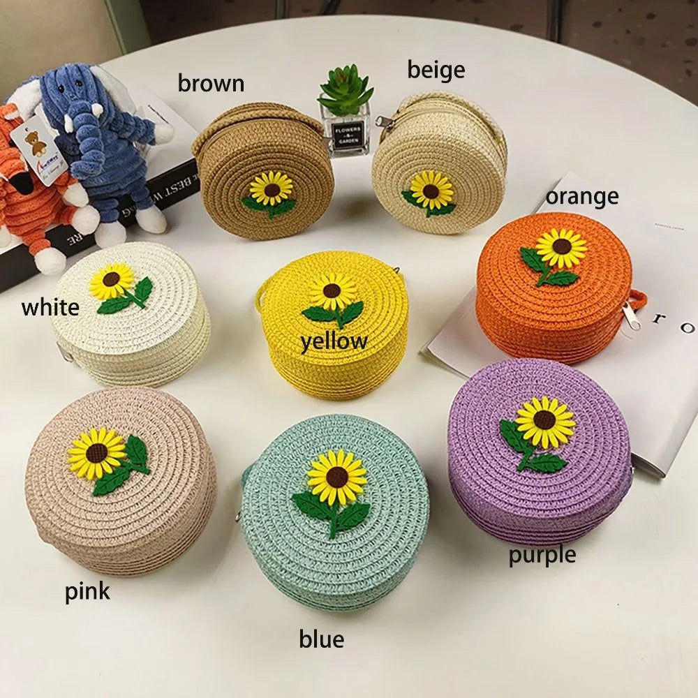 Simple Sunflower Straw Crossbody Bag Large Capacity Handmade Children Beach Shoulder Bag Round Coin Purse Women Girl