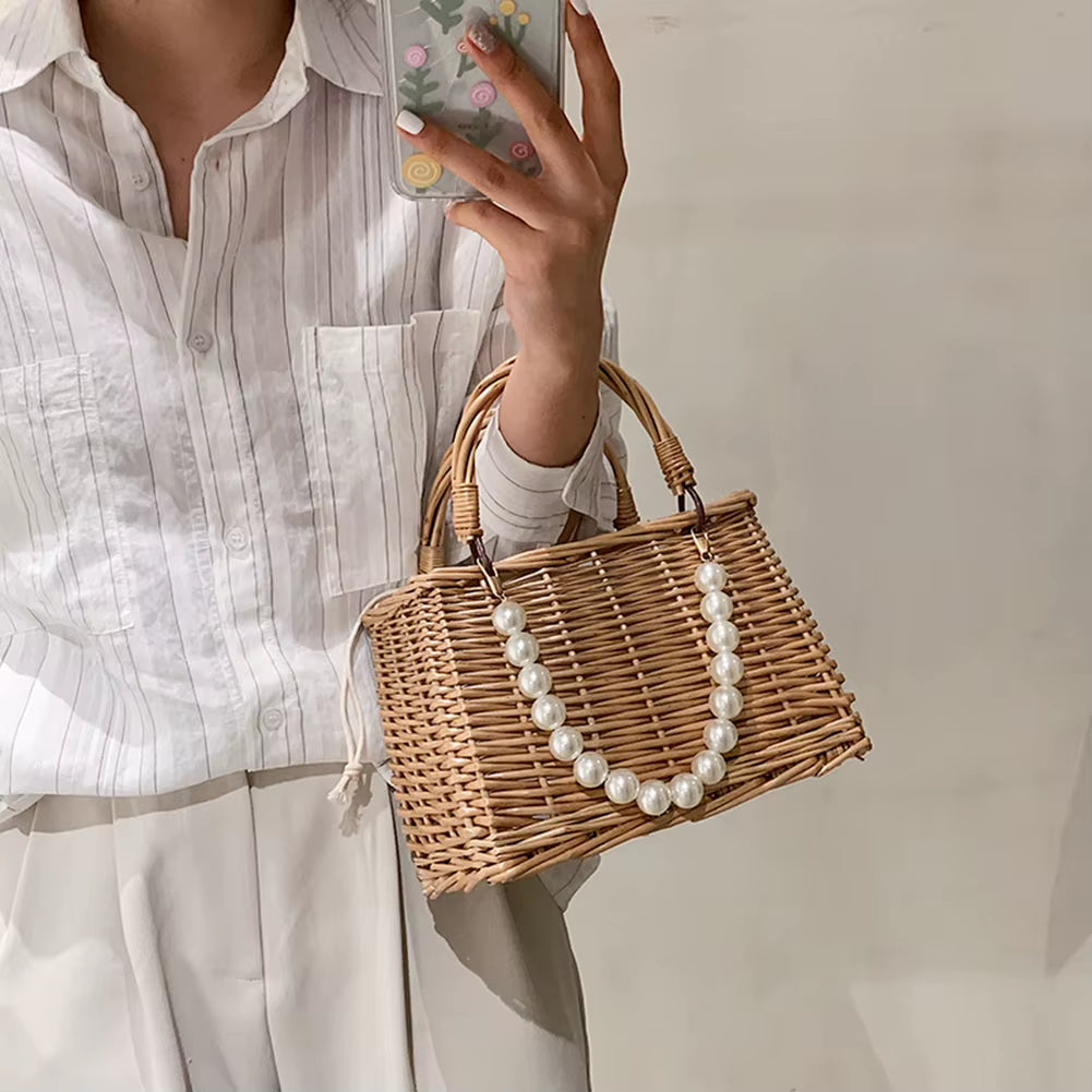 2023 Women Straw Bags and Handbags Summer Rattan Handmade Tote Bags Ladies Ribbonssummer Beach Basket Bag Pearl Beads Travel Bag