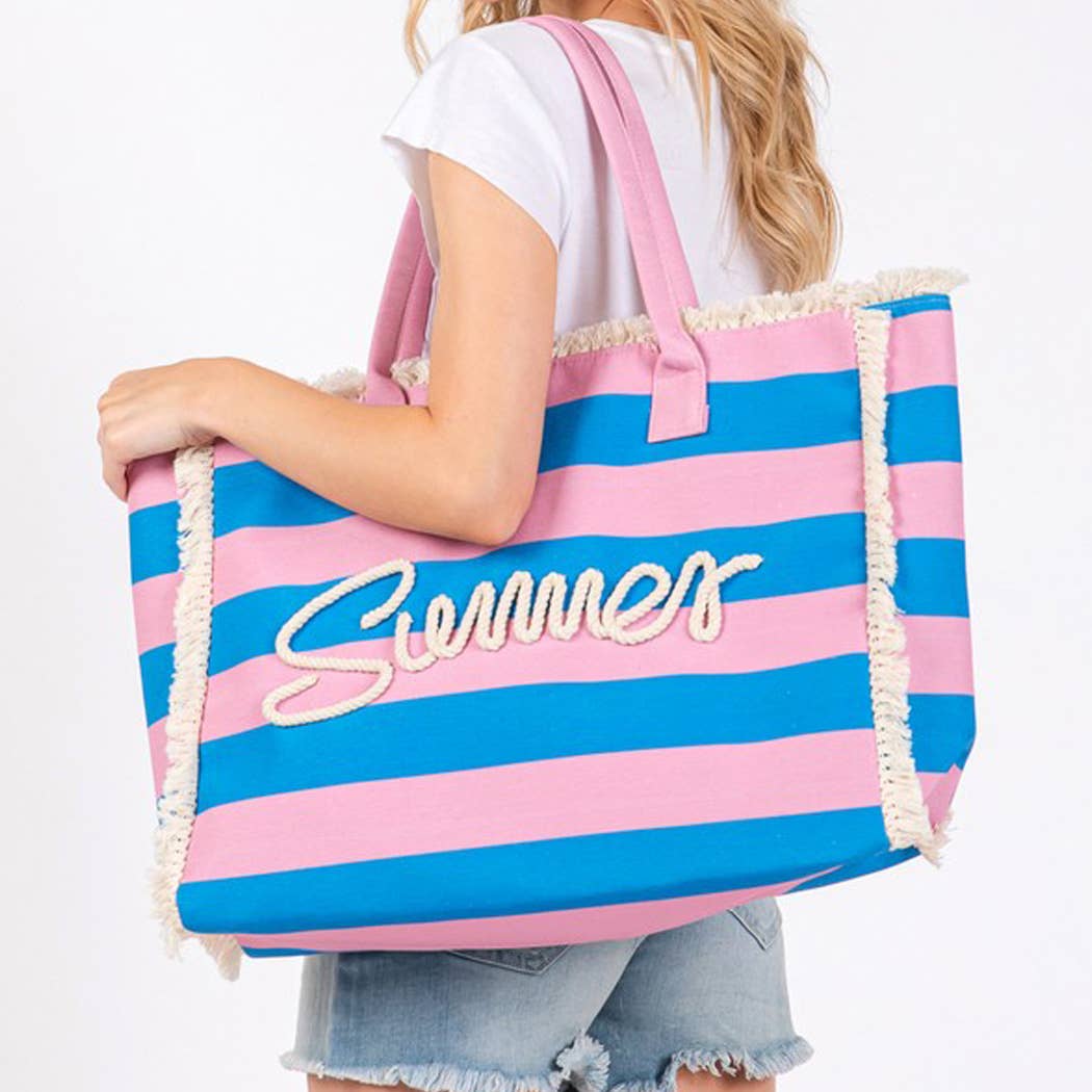 SEWN ROPE SUMMER LETTER FRINGE STRIPED TOTE BAG.