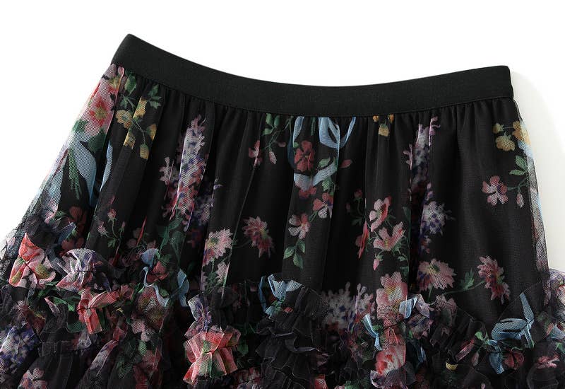 Rosa Clothing - Floral tiered midi tulle skirt: Beige / M