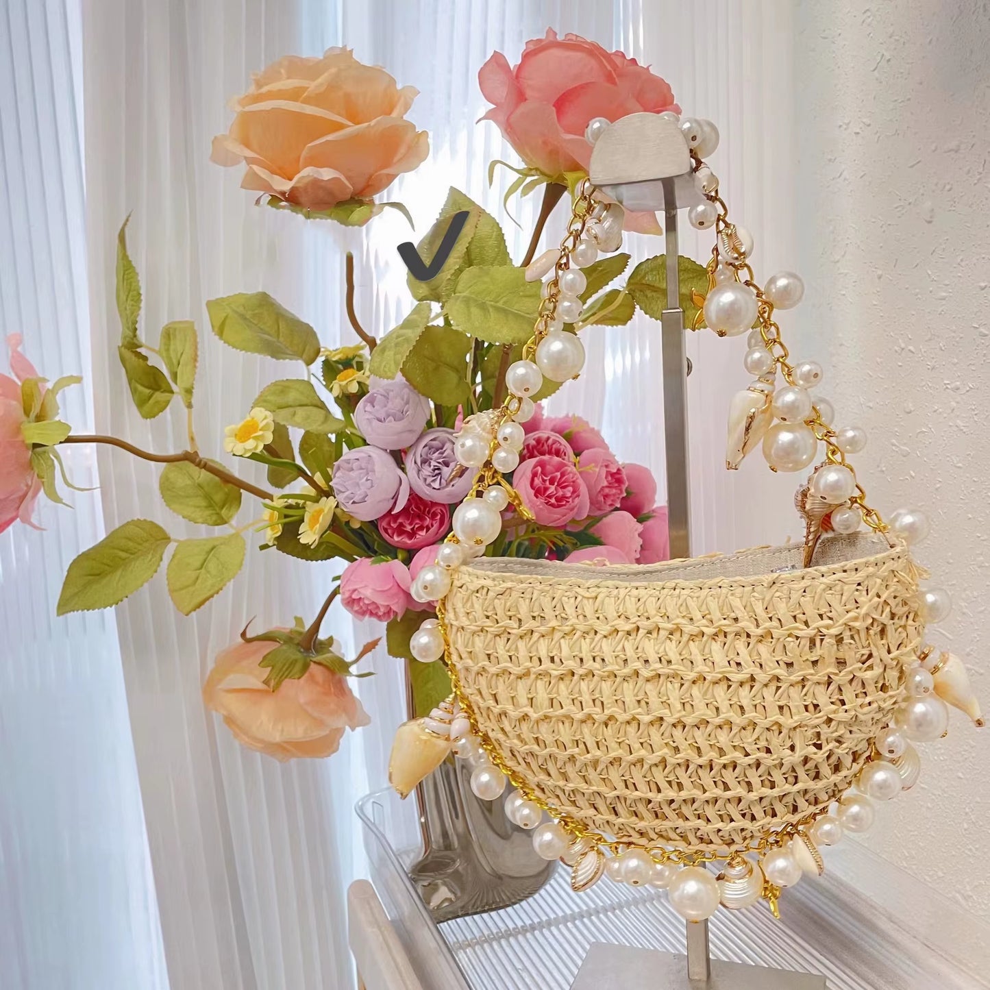 Bohemian Pearls Straw Bag Conch Starfish Women Handbags Half Moon Beach Shoulder Bag Designer Rattan Crossbody Bags Ladies Tote