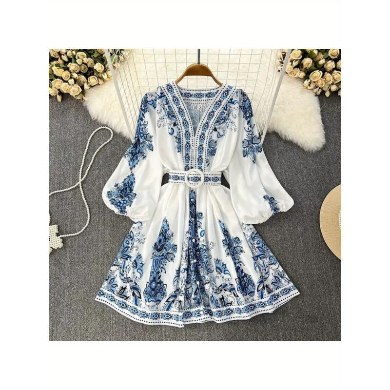 Women'S Fashion V-Neck Long Sleeve Bohemian Print Dress, Comfortable and Elegant, Perfect for Various Occasions, Showcasing Unique Charm