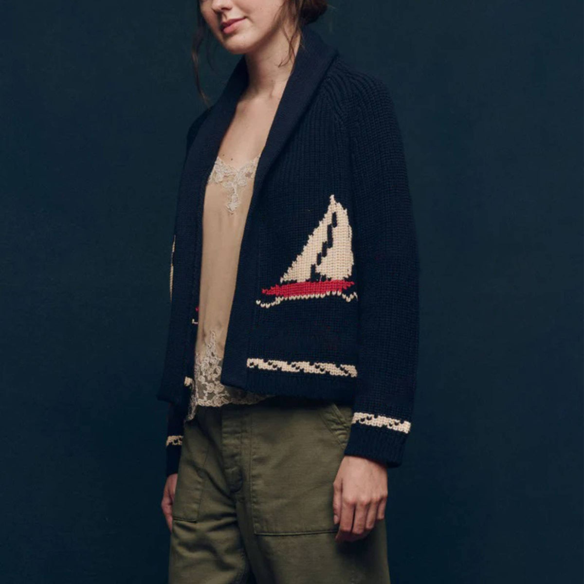 Lily Clothing - Fashionable retro art lapel knitted cardigan: NAVY / (L) 1
