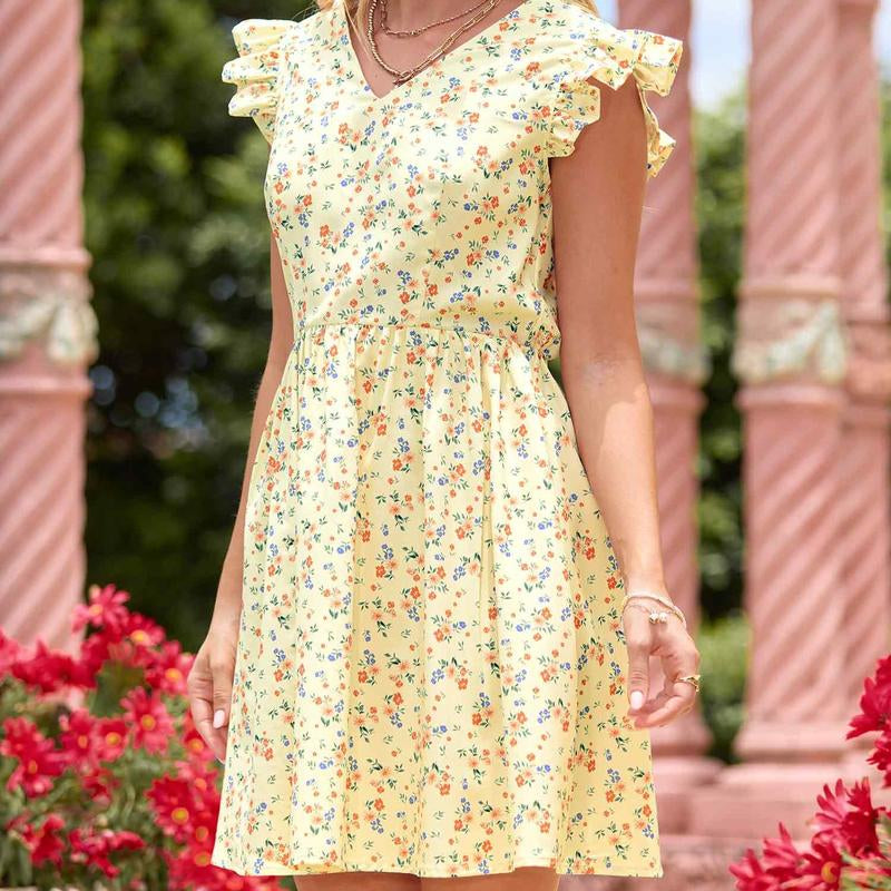 CUPSHE Creme Floral Ruffled Trim Mini Dress V Neck Short Flutter Sleeves Back Bow Casual Womenswear