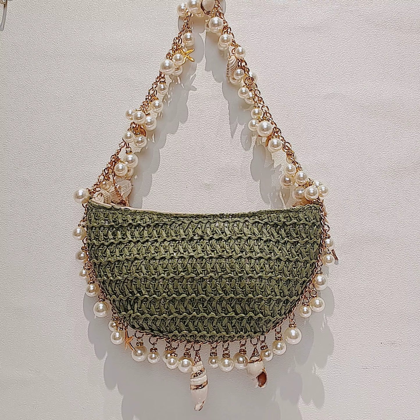 Bohemian Pearls Straw Bag Conch Starfish Women Handbags Half Moon Beach Shoulder Bag Designer Rattan Crossbody Bags Ladies Tote
