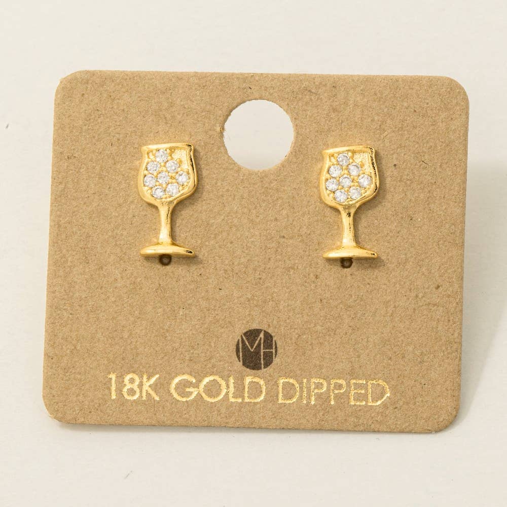Fame Accessories - Gold Dipped Mini Pave Wine Glass Stud Earrings: G