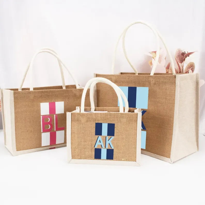 Personalized Shadow Monogram Jute Carryall Bag Striped Shadow Monogram Bag Custom Jute Tote Shopping Bag Bridesmaid Gift
