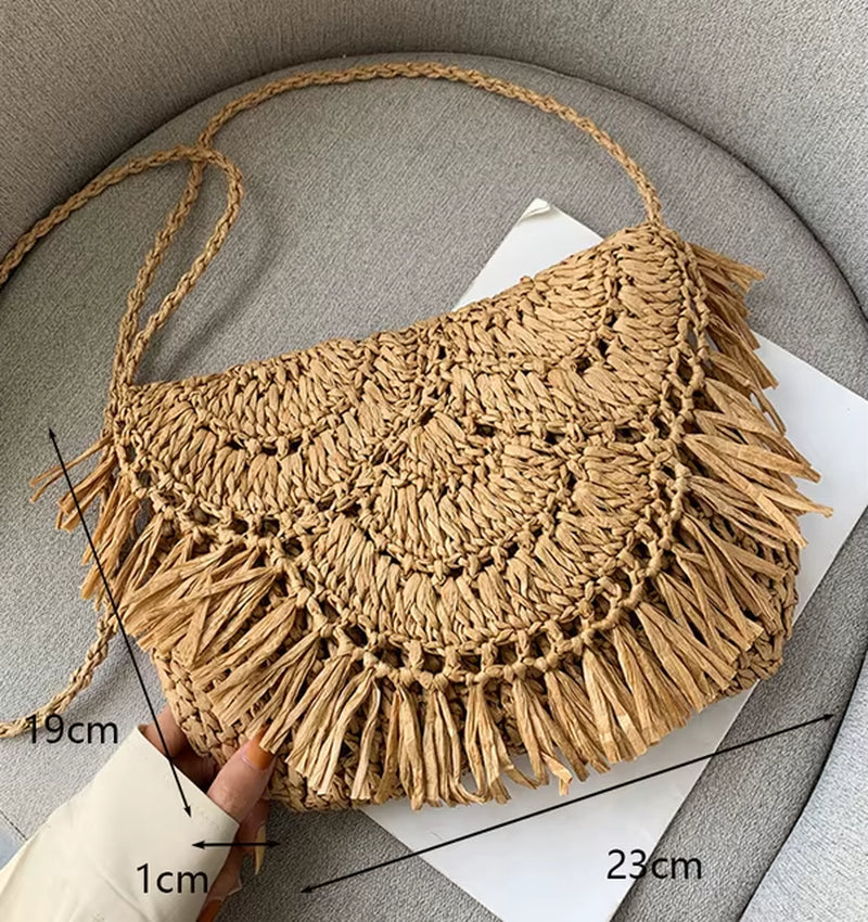 Woven Rattan Bag round Straw Shoulder Bag Small Beach Handbags Women Summer Hollow Handmade Messenger Crossbody Bags
