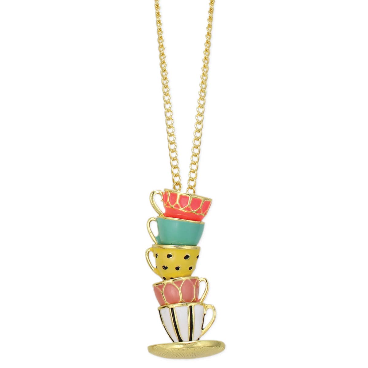 ZAD - Mad Hatter Pastel Teacup Stack Gold Necklace