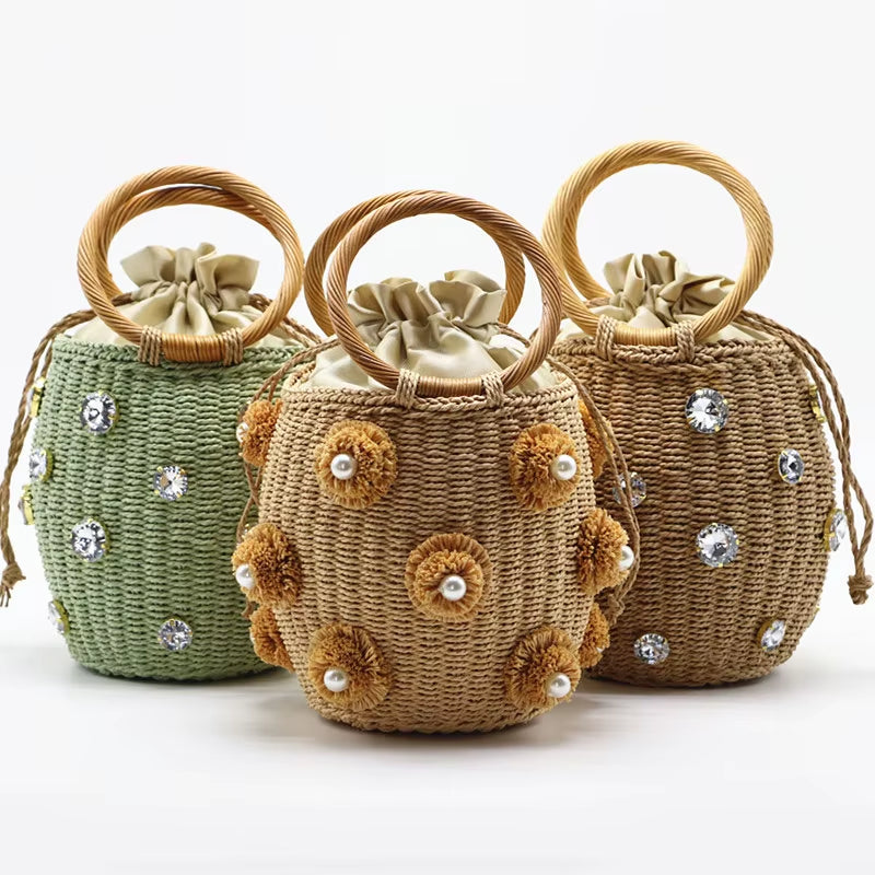 Handmade Rhinestone Crystal Embellished Straw Bag Small Bucket Lady Travel Purses and Handbags