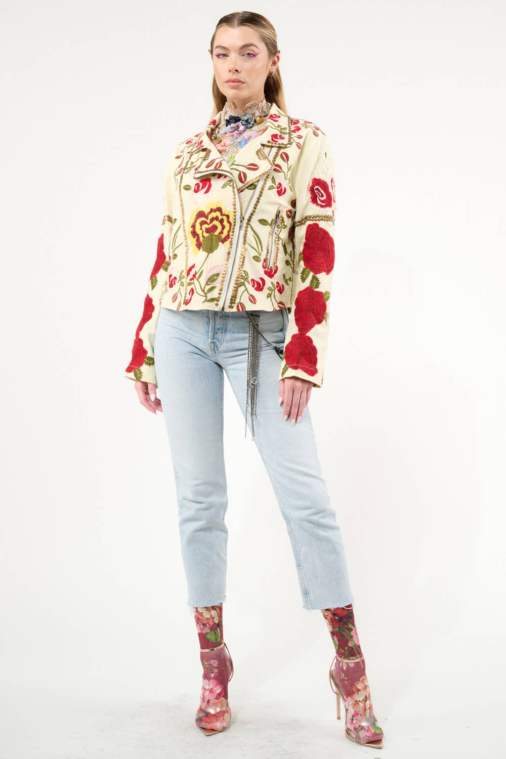 Aratta - Carmen Embroidered Denim Motorcycle Jacket: Ivory / M