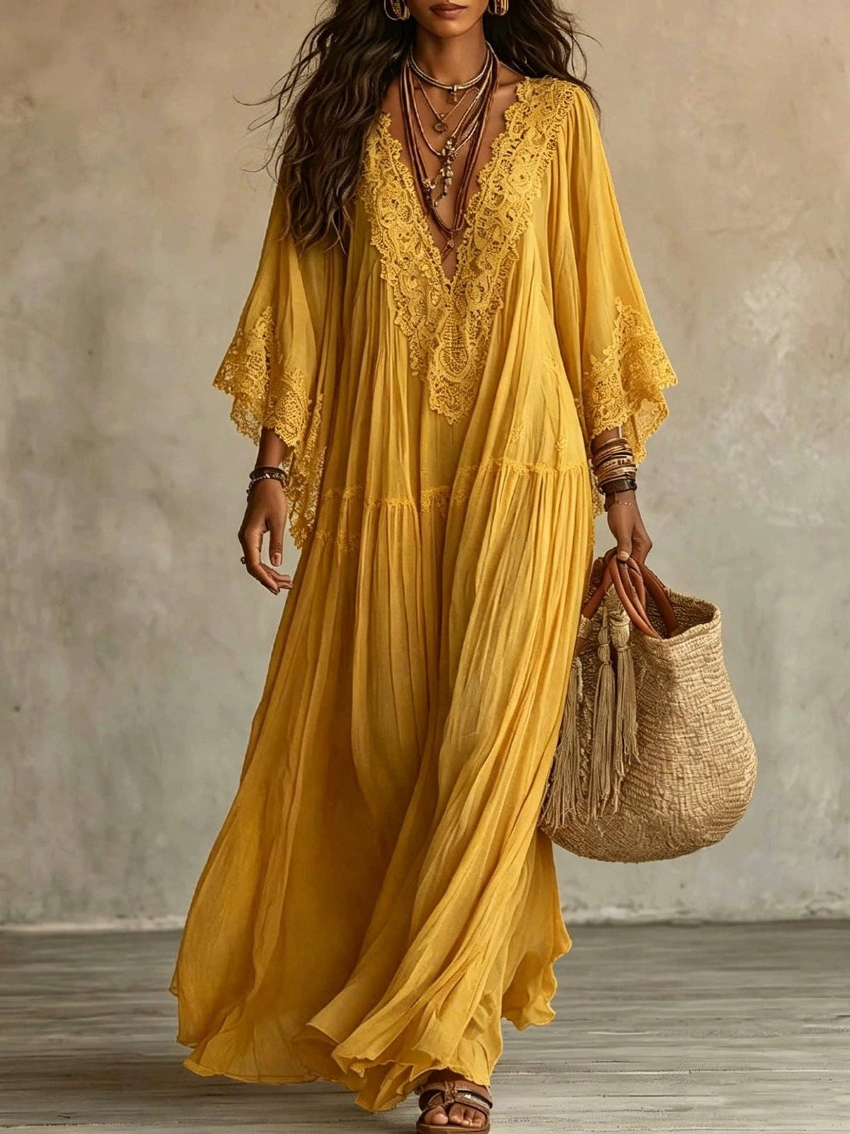 Suhkasana - Women's Boho Lace Chiffon Long Sleeve Maxi Dress: White / 100%Polyester / S