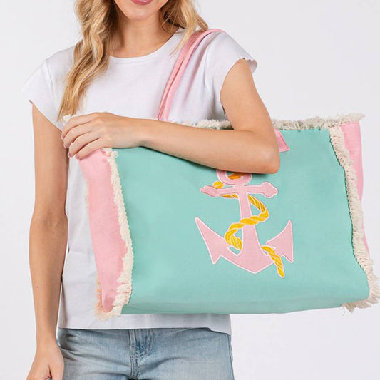 EMBROIDERED ANCHOR PATCH FRINGE TOTE BAG.