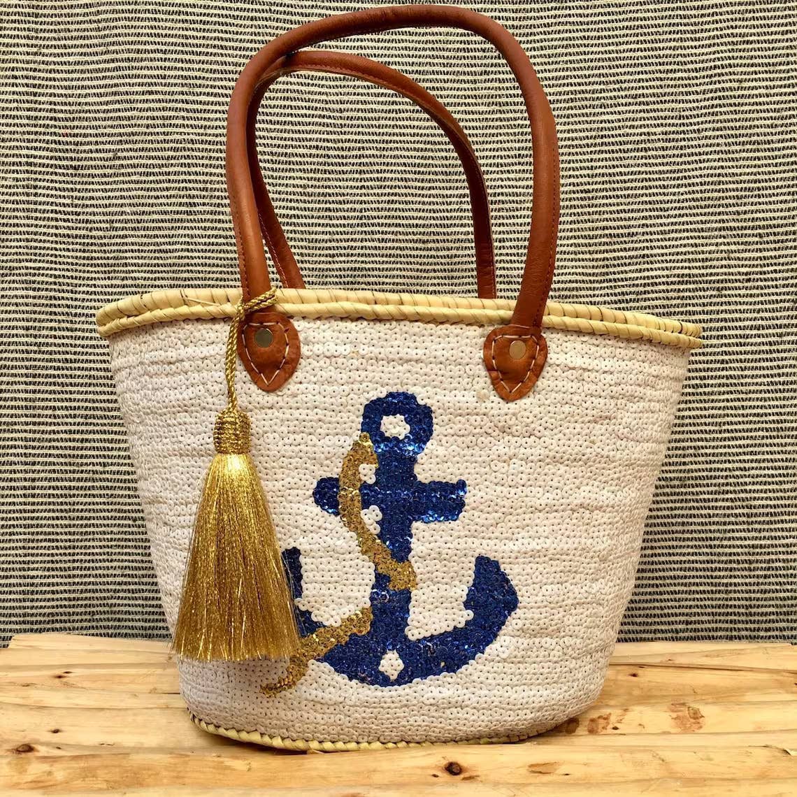 HandmadeBestSeller - Shopping Basket | Moroccan Basket Bag | Sewn Sequins