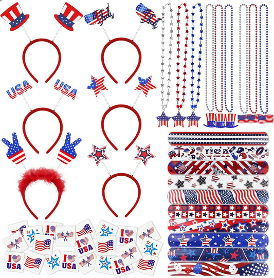4th of July Accessories Patriotic Party Favors Supplies - 6 Headbands, 9 Necklaces, 20 Slap Bracelet and 20 Temporary Tattoos for Fourth of July Party Decorations, Independence Day, Memorial Day