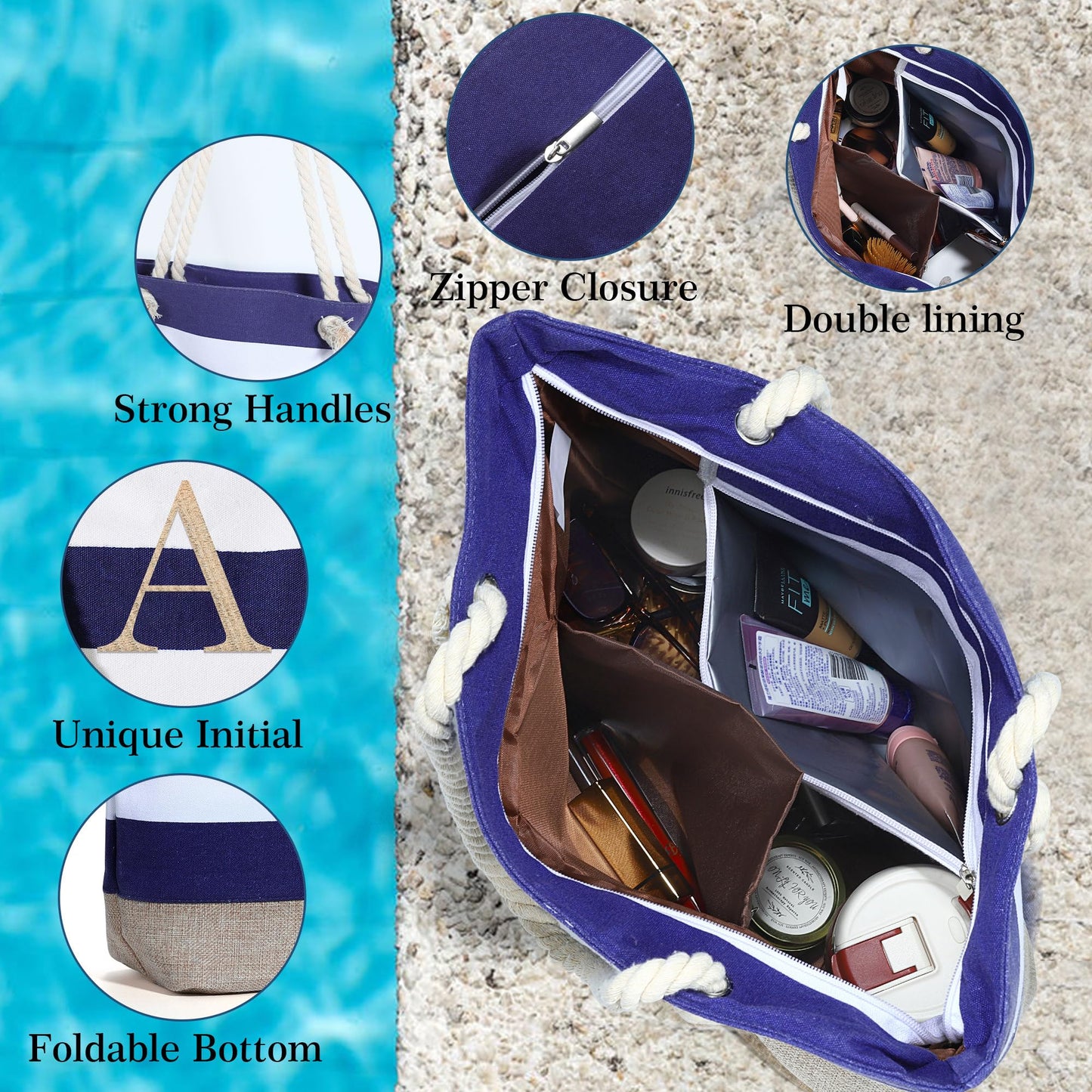 YOOLIFE Initial Canvas Waterproof Beach Tote Bag Zipper Personalized Gifts for Women Her Birthday Travel Beach Essential