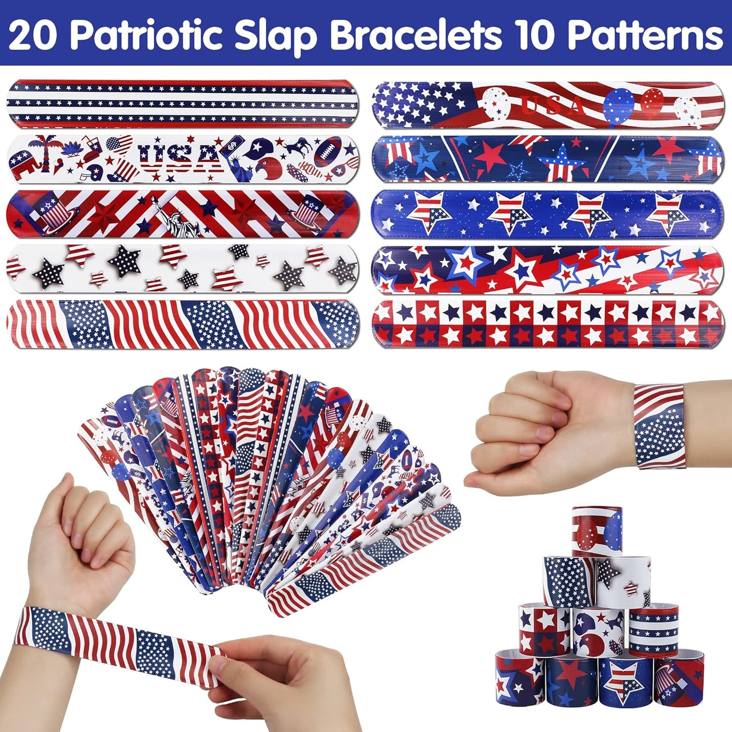 4th of July Accessories Patriotic Party Favors Supplies - 6 Headbands, 9 Necklaces, 20 Slap Bracelet and 20 Temporary Tattoos for Fourth of July Party Decorations, Independence Day, Memorial Day