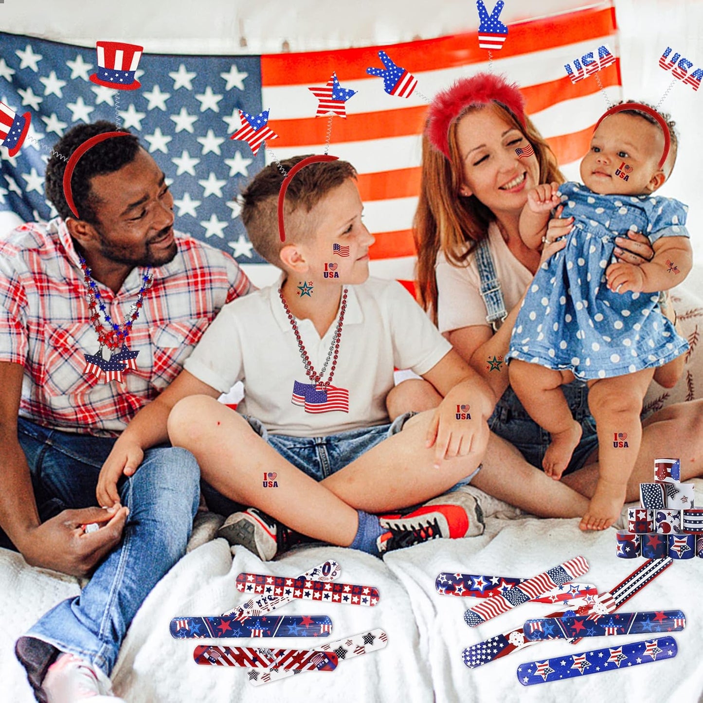 4th of July Accessories Patriotic Party Favors Supplies - 6 Headbands, 9 Necklaces, 20 Slap Bracelet and 20 Temporary Tattoos for Fourth of July Party Decorations, Independence Day, Memorial Day