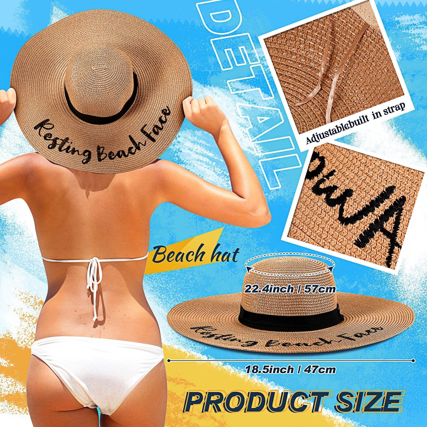 4 Pcs Women Beach Hats Floppy Foldable Straw Hat Embroidered Summer Wide Brim for Travel Summer