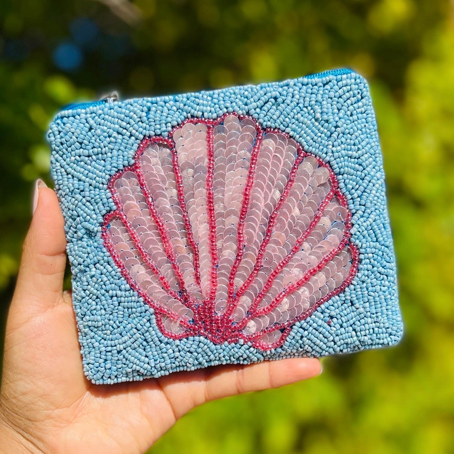 Seashell Beaded Pouch Purse, Blue Beaded Purse Pouch, Beach Lover Coin Purse, Small Wallets for Her, Birthday Gift, Gift Card Bag, CP201