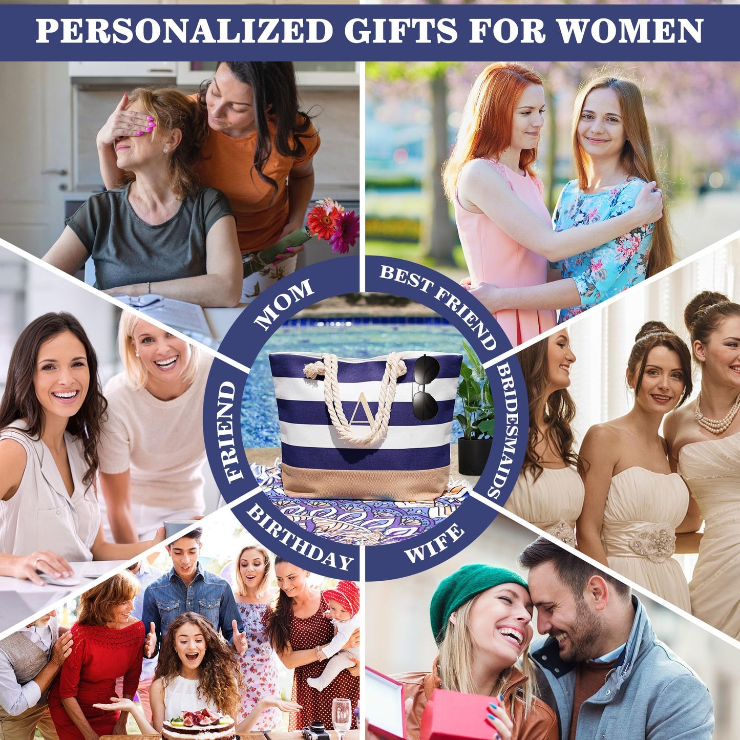 YOOLIFE Initial Canvas Waterproof Beach Tote Bag Zipper Personalized Gifts for Women Her Birthday Travel Beach Essential