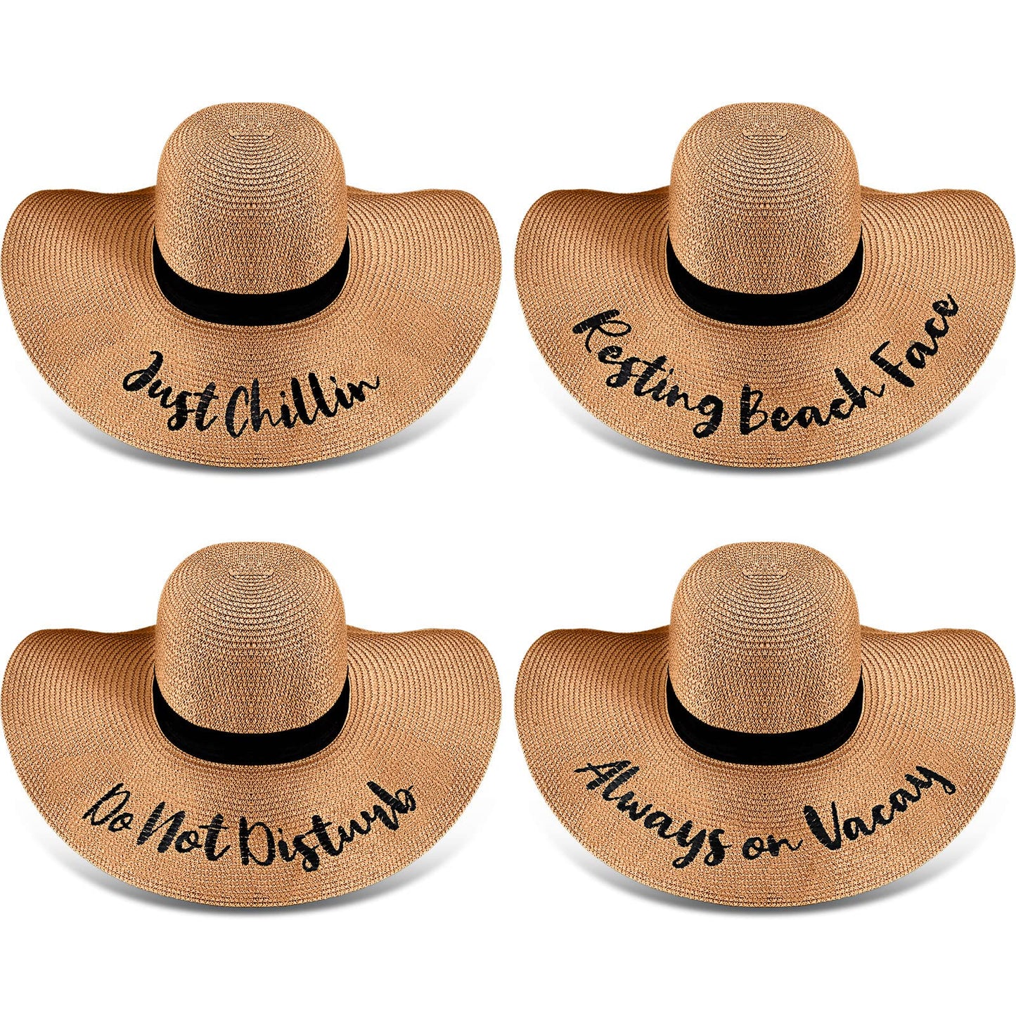 4 Pcs Women Beach Hats Floppy Foldable Straw Hat Embroidered Summer Wide Brim for Travel Summer