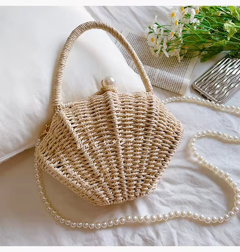Shell Rattan Straw Woven Diagonal Cross Small Bag, Cute Fairy Change, Mobile Phone, Fashionable Woven Beach Bag