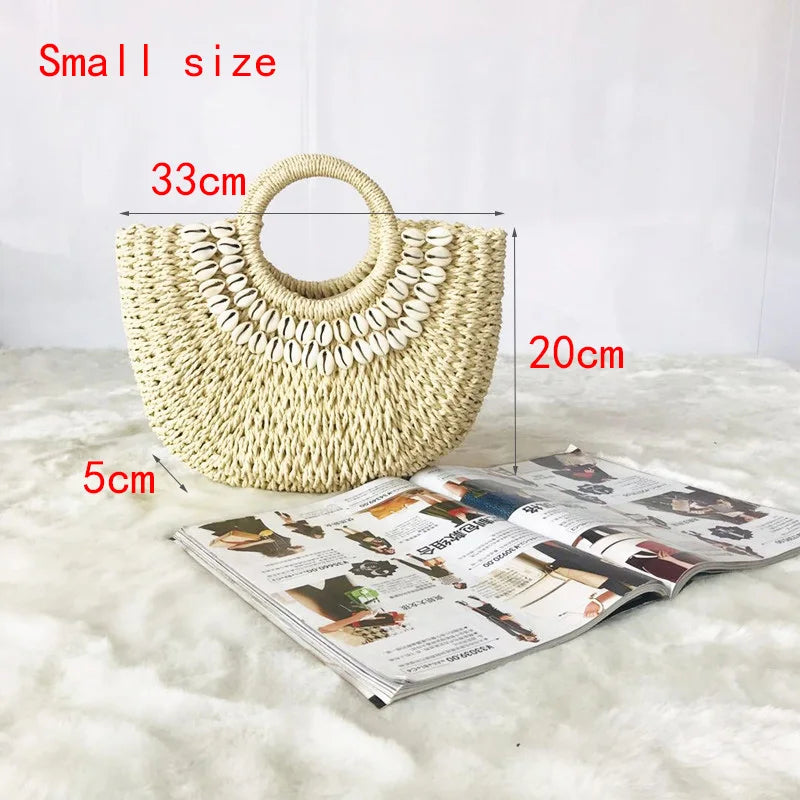 Women's Handbag Handmade Drawstring Straw Bag Summer Woven Shell Large Capacity Beach Bag Bohemia Female Knitted Top-Handle Tote