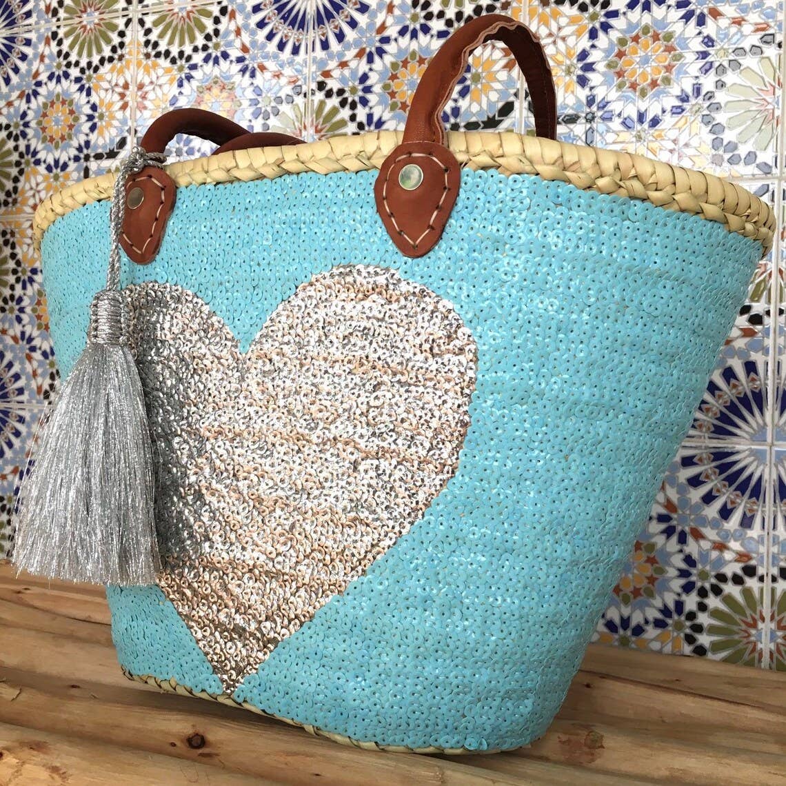 HandmadeBestSeller - French Market Basket Bag Sequins Leather Handles