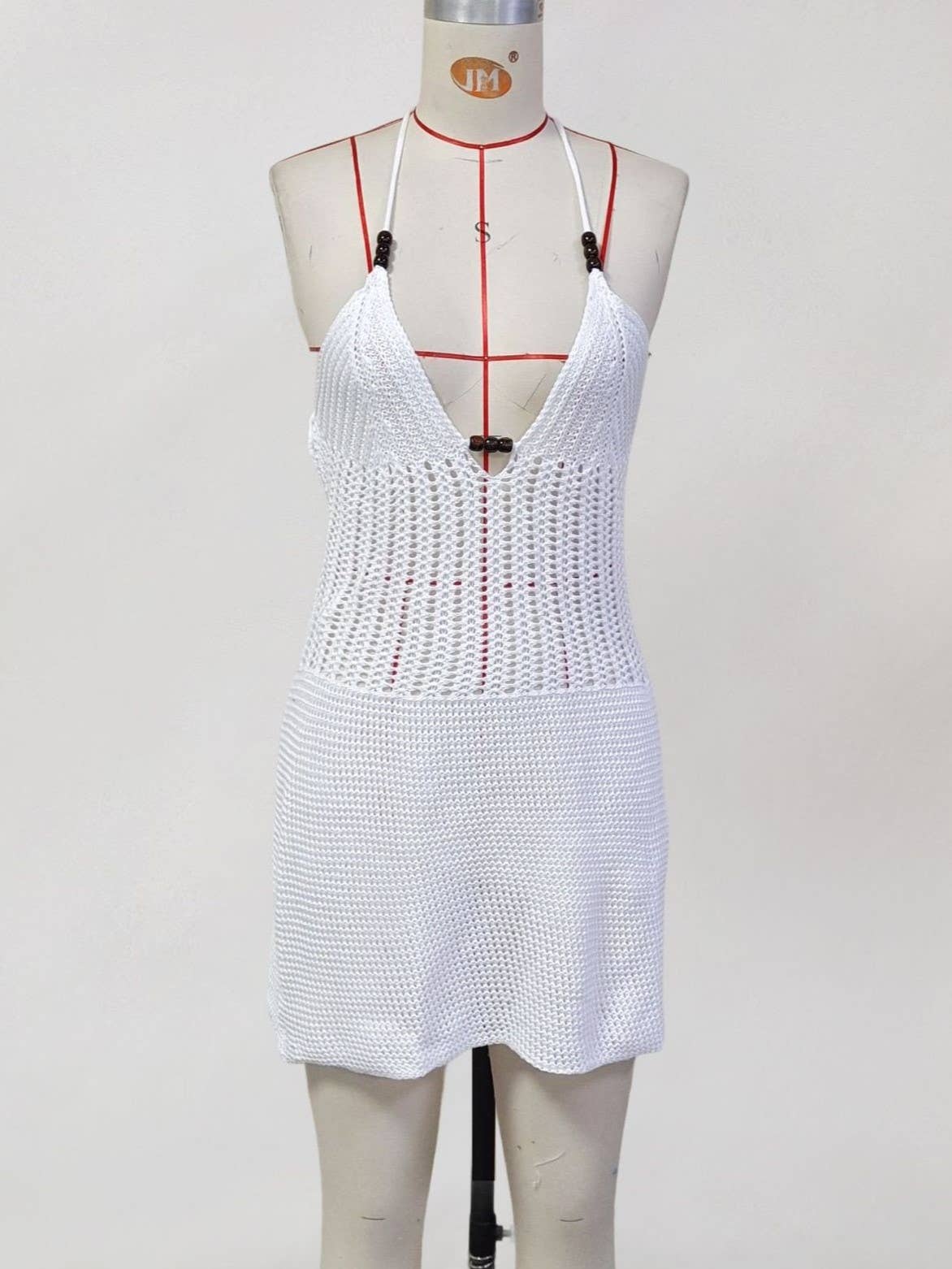 HIDDENBRAND - Lace-Up Halter Neck Knit Beaded Beach Cover-Up: White / M