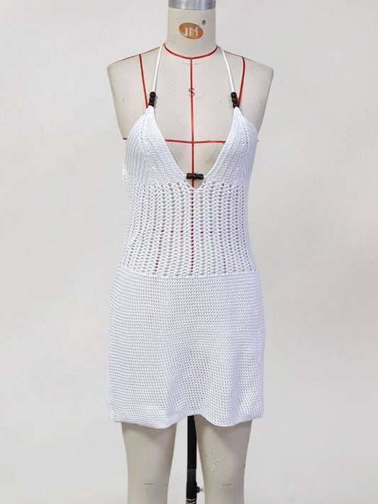 HIDDENBRAND - Lace-Up Halter Neck Knit Beaded Beach Cover-Up: White / S