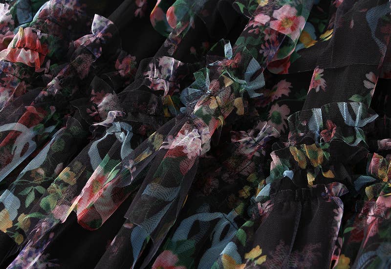 Rosa Clothing - Floral tiered midi tulle skirt: Beige / M