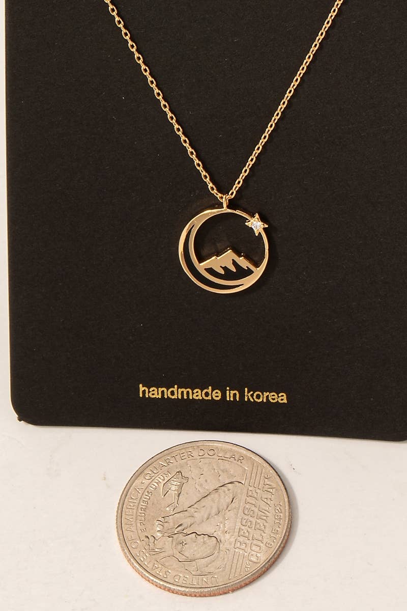 Fame Accessories - Enamel Moon Mountain And Cz Star Pendant Necklace: BK