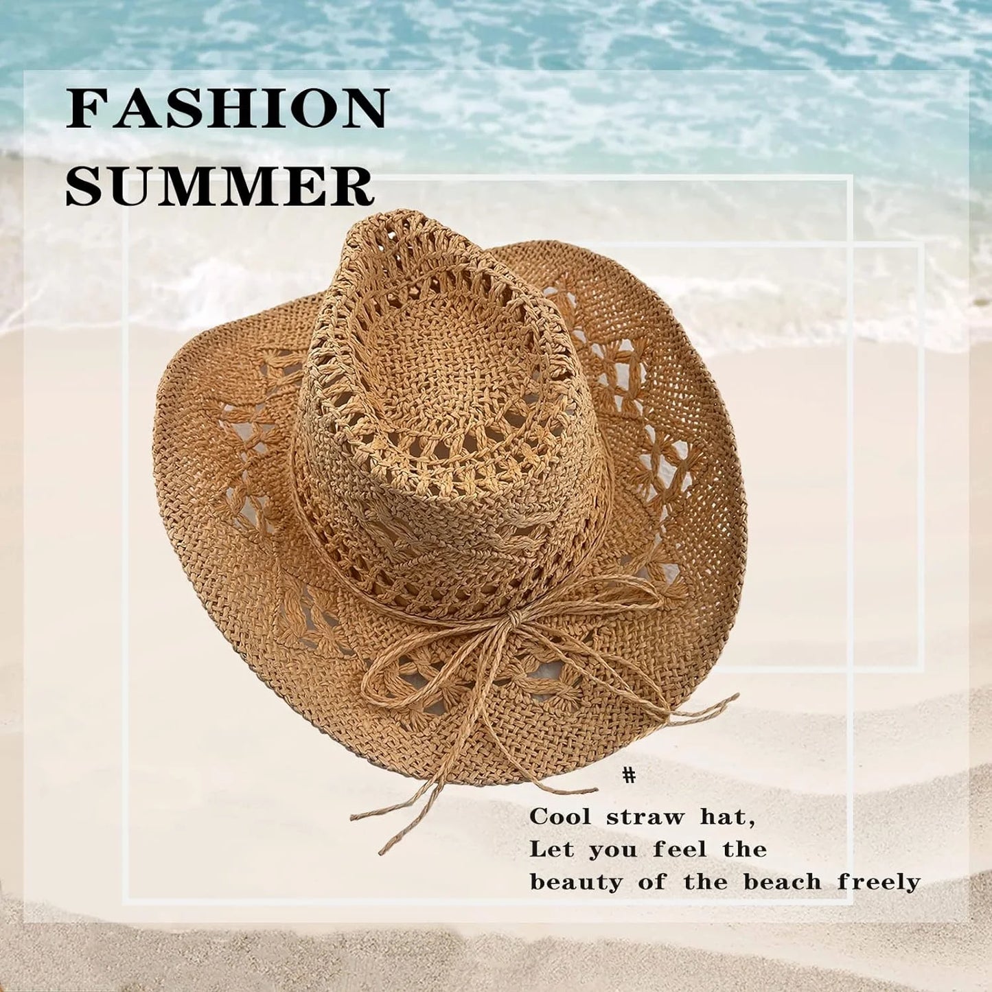 Women Straw Cowboy Hats, Western Cowgirl Hat for Holiday Party, Foldable Vacation Beach Sun Hat with Wide Brim
