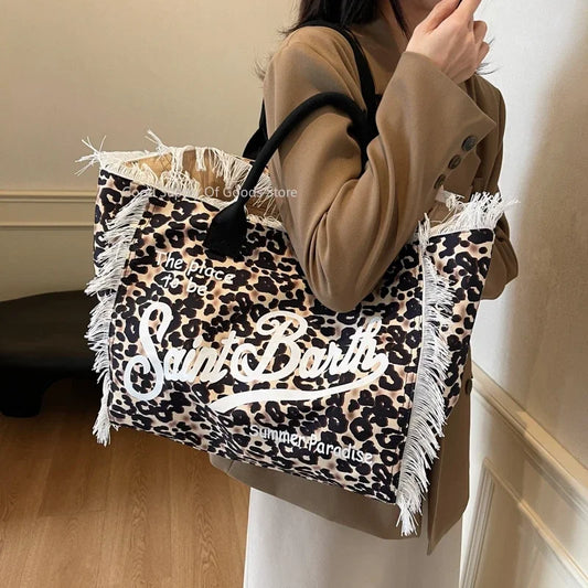 Khaki Handbags For Women Large Capacity Canvas Tote Bag Beach Travel Hand Bag Vintage Leopard Portable Shopper Bag Sac A Main