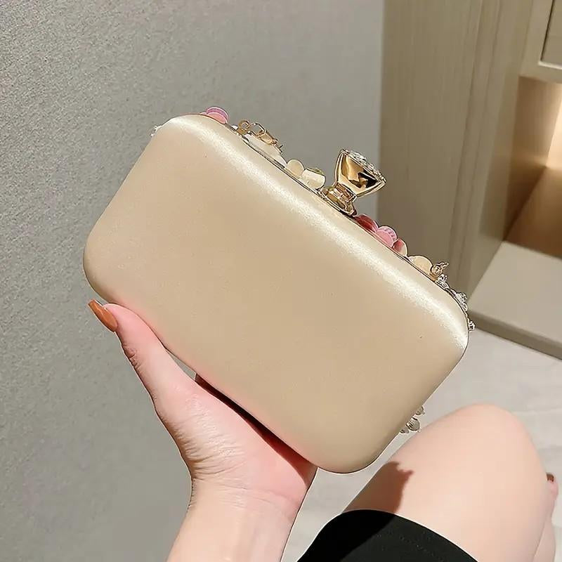 Flower Decor Shoulder Bag-Faux Pearl Clutch for Cheongsam,Ladies Handbag,Bridesmaid Purse & Sequin Beaded Party Bag-Elegant Designer Handbags