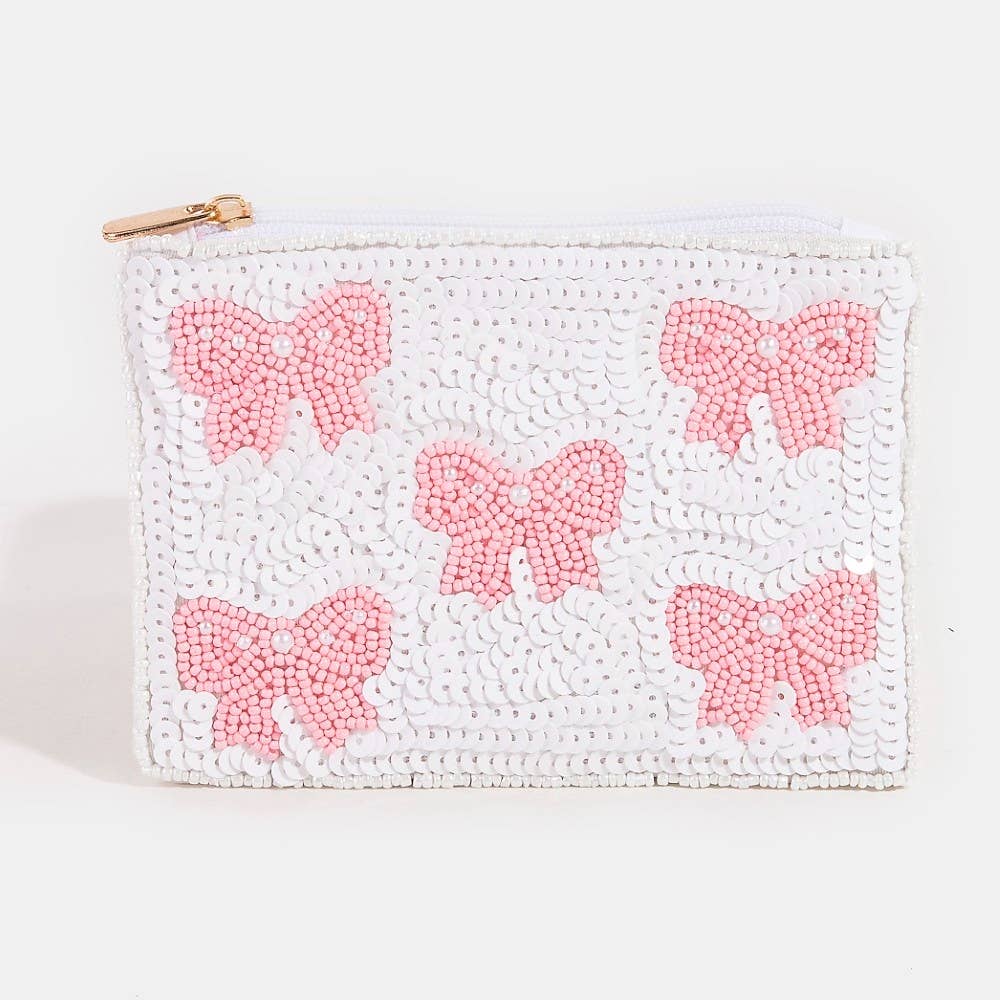 Collections by Fame Accessories - Pink Pearl Bead Ribbon Bow Mixed Beaded Coin Purse: MULTI