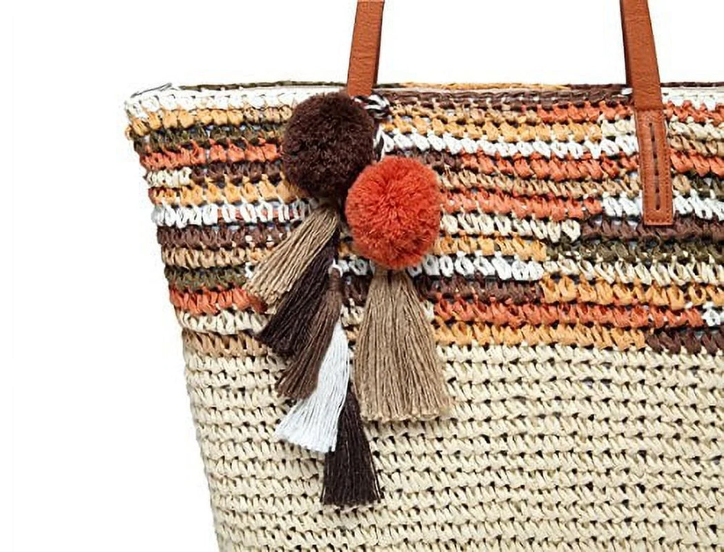 Large Straw Beach Tote Bag for Women with Pom Poms and Inner Pouch -Vegan Leather Handles (Brown Multi Color)