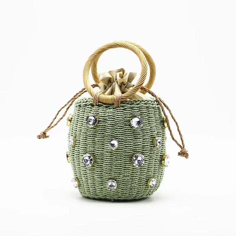 Handmade Rhinestone Crystal Embellished Straw Bag Small Bucket Lady Travel Purses and Handbags