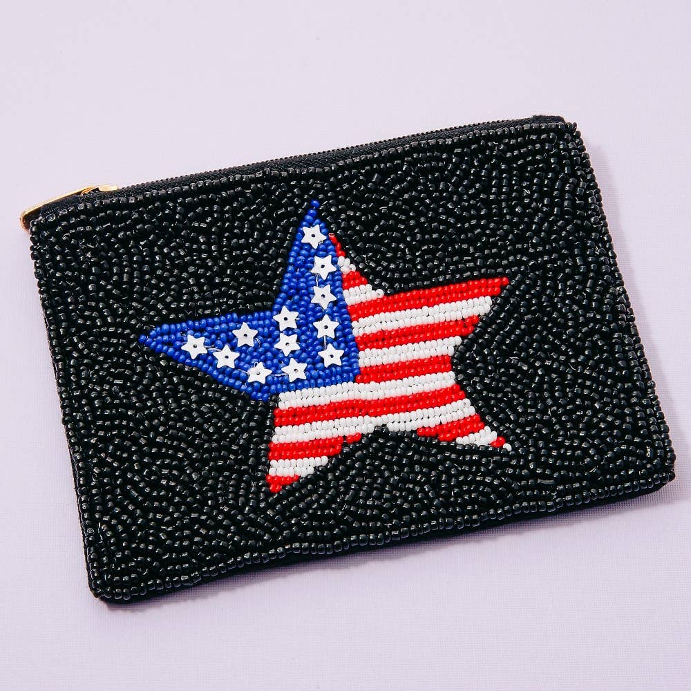 Collections by Fame Accessories - Seed Beaded Usa Flag Star Coin Purse: MULTI