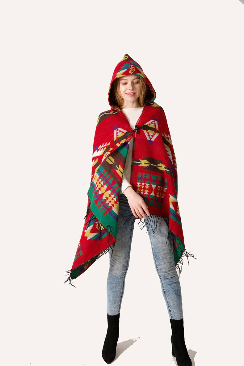 HIDDENBRAND - Boho aztec hooded poncho with toggle closure: Red / M