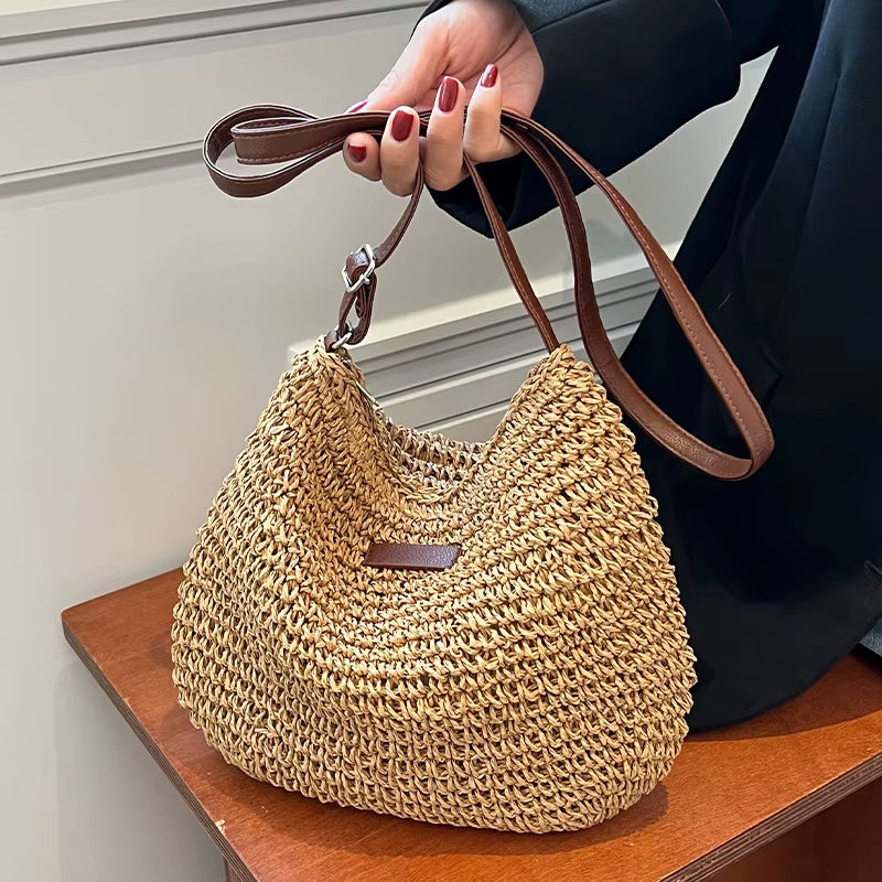 Woven Rattan Bag round Straw Shoulder Bag Small Beach Handbags Women Summer Hollow Handmade Messenger Crossbody Bags