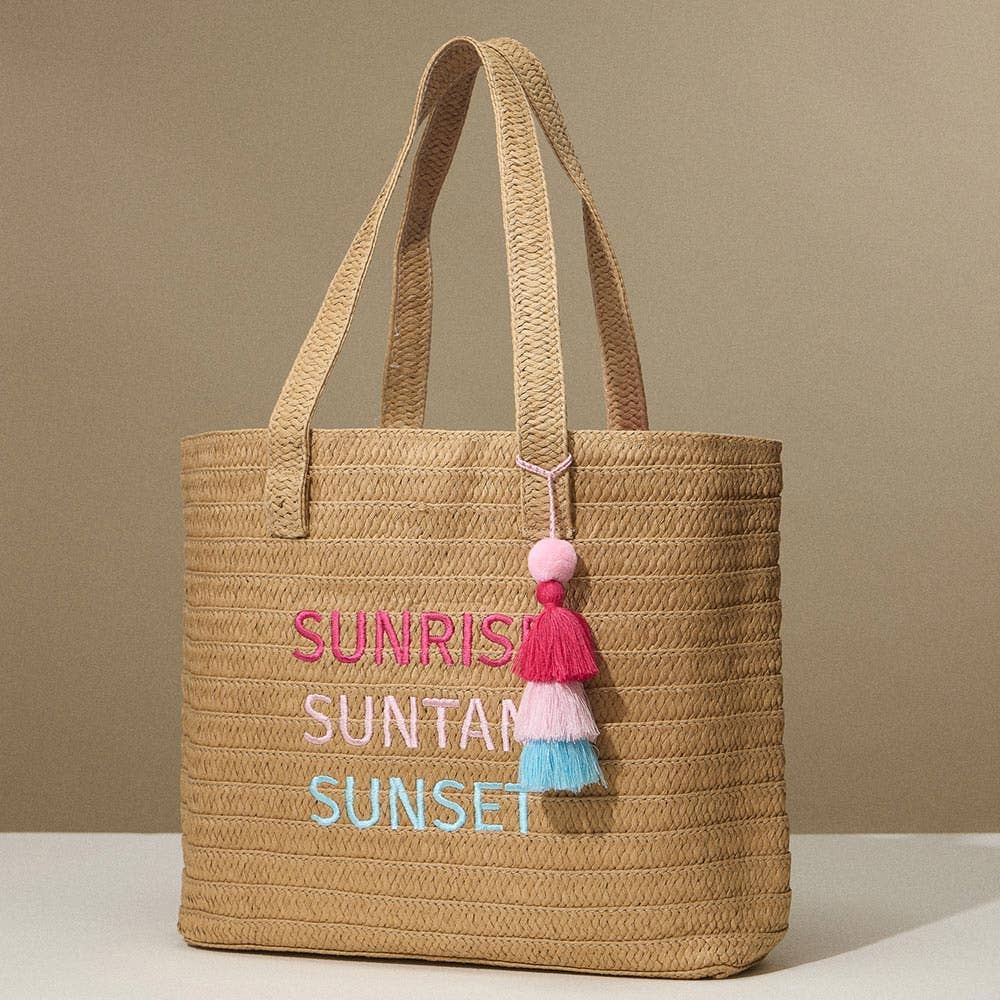 Sensibling Corp. - Raffia SUNRISE SUNTAN SUNSET Message Embroidered Summer Tote
