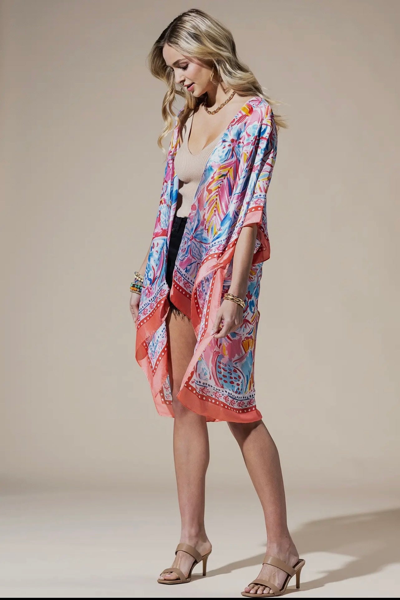 Coral Flowing Silky Feel Kimono with Flower Print