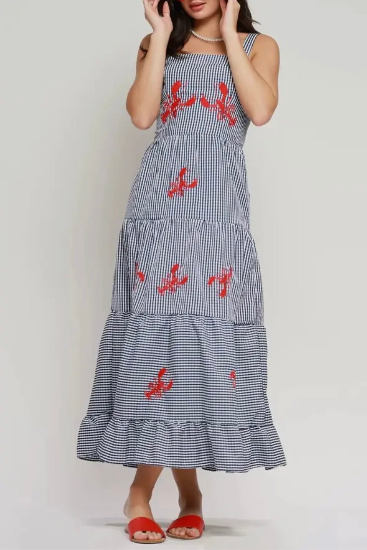 Embroidered Lobster Strap Plaid Gingham Tiered Dress